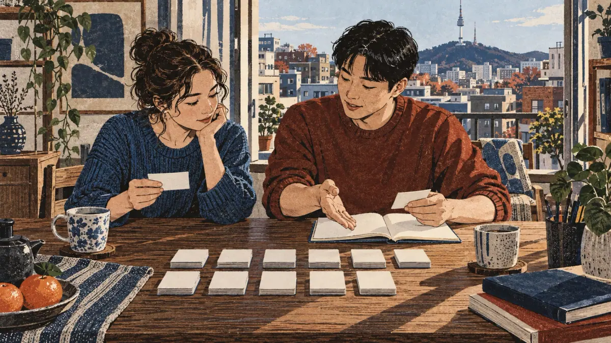 Adult learners sort thematic study cards at a Seoul apartment table.