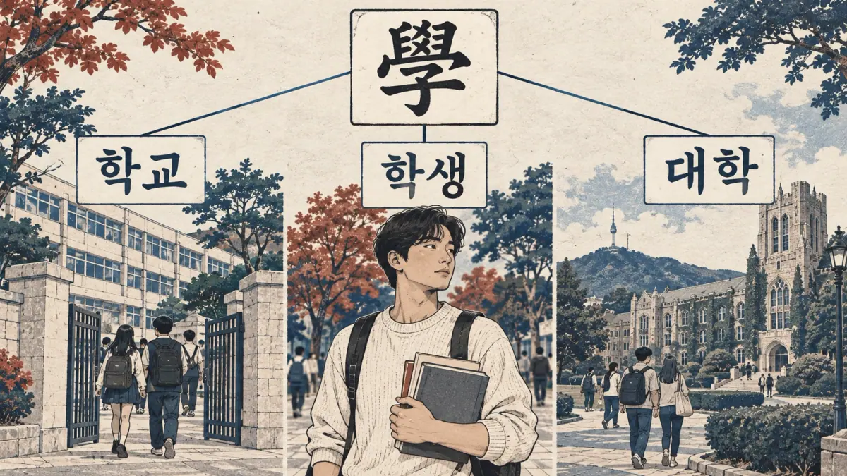 學 branches into 학교, 학생 and 대학 above three illustrated learning scenes.