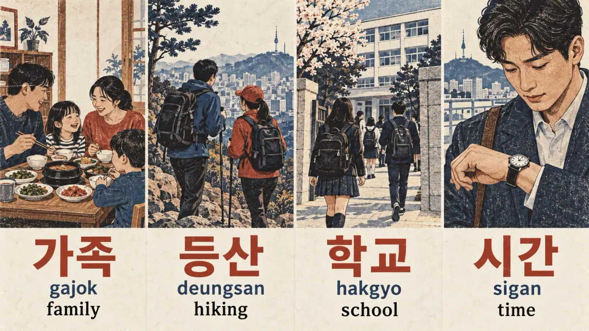 Scenes show 가족 (gajok), 등산 (deungsan), 학교 (hakgyo), 시간 (sigan).
