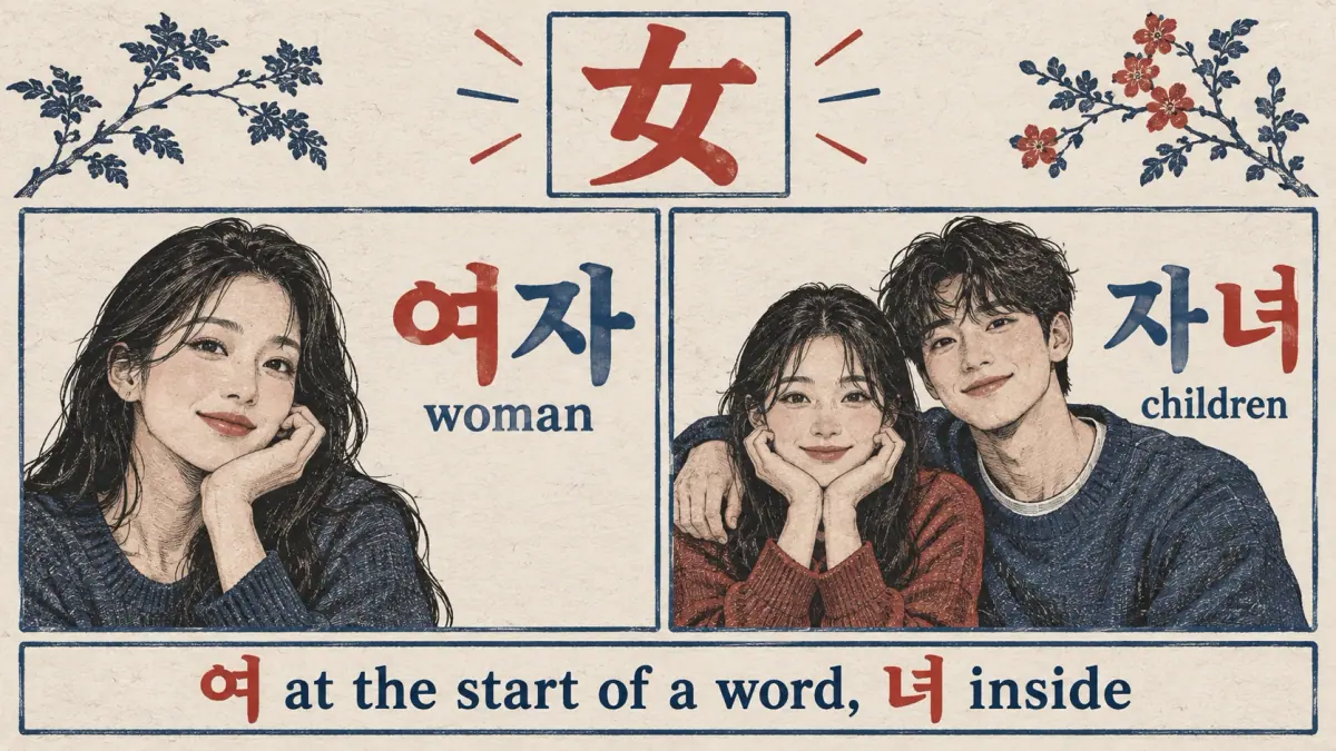 女 connects 여자 and 자녀, illustrating 여 at word start and 녀 inside.