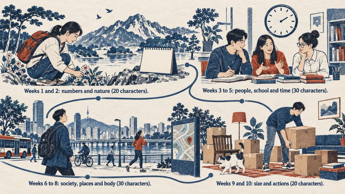Four illustrated stages show the ten-week order for learning 100 hanja.