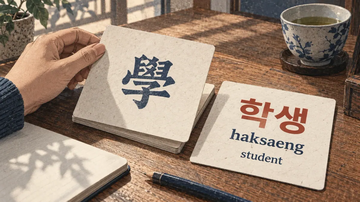 A hand holds 學 beside 학생 (haksaeng), student, on a wooden study table.
