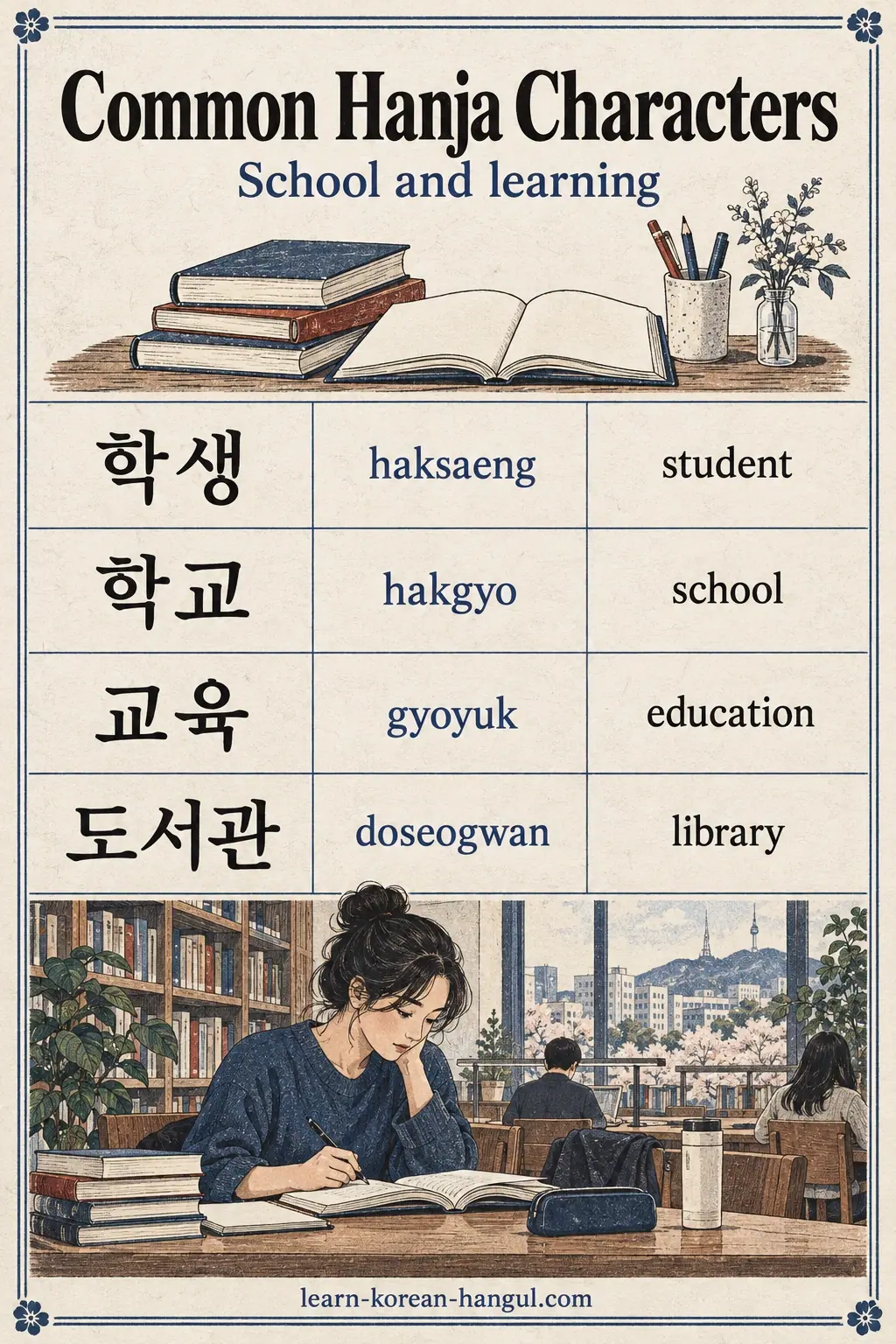 School words: 학생 (haksaeng), 학교 (hakgyo), 교육 (gyoyuk), 도서관 (doseogwan).