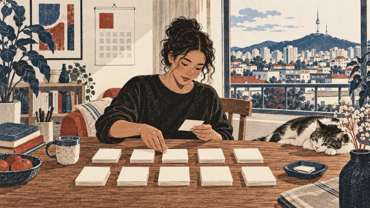 An adult learner sorts blank study cards into ten theme groups at a Seoul apartment desk.