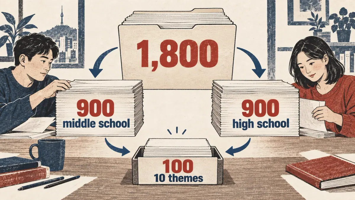 A 1,800-character folder divides into 900 middle-school and 900 high-school cards; a tray holds the 100-character core.