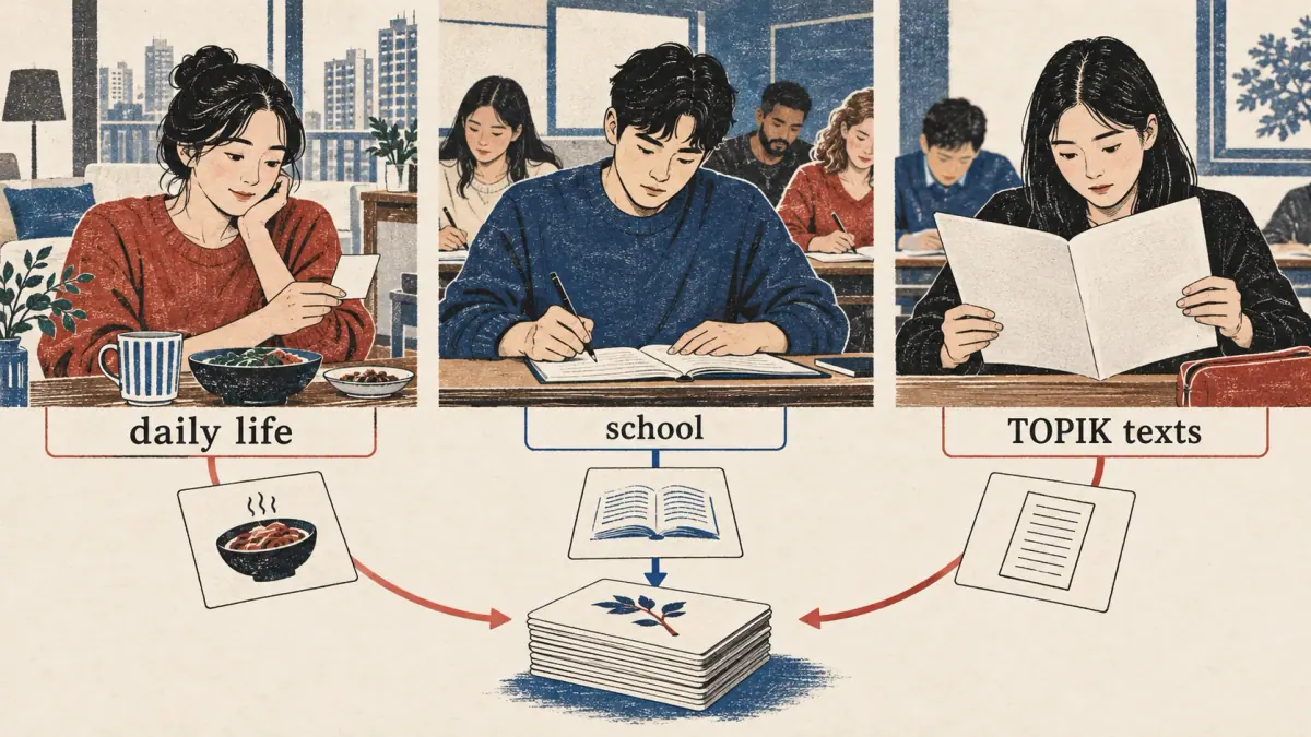 Three scenes show daily life, school and TOPIK texts as criteria for choosing useful hanja.