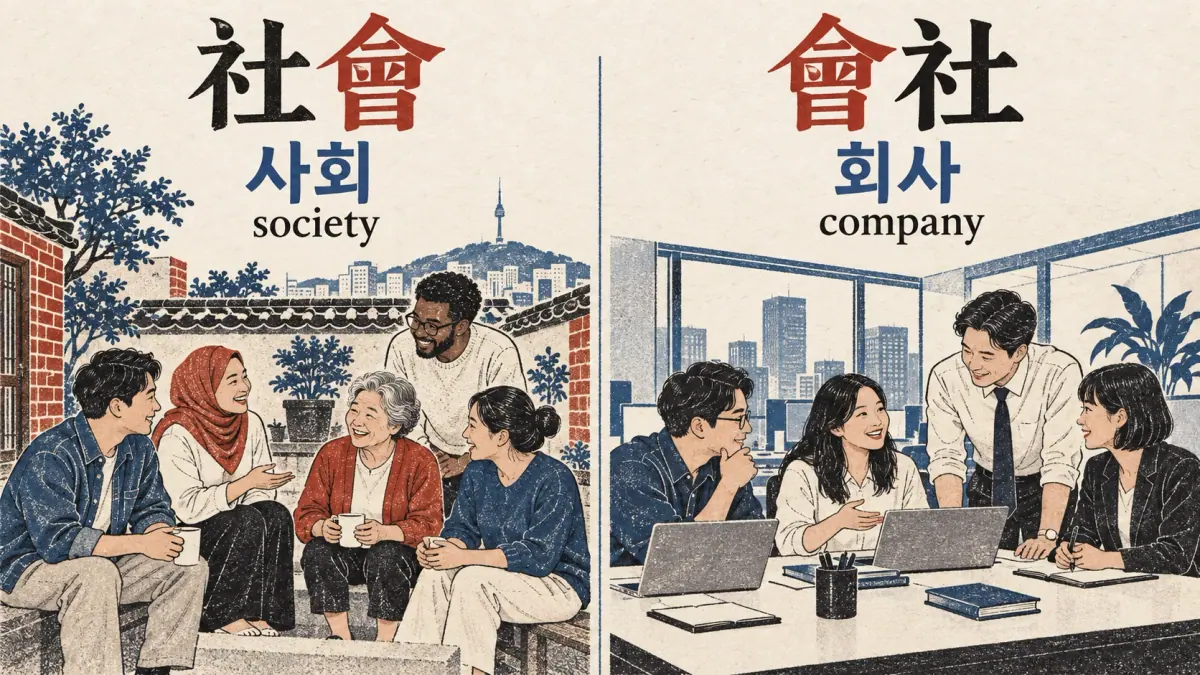 Neighbors illustrate 社會 사회, society; office colleagues illustrate 會社 회사, company, reversing the same characters.