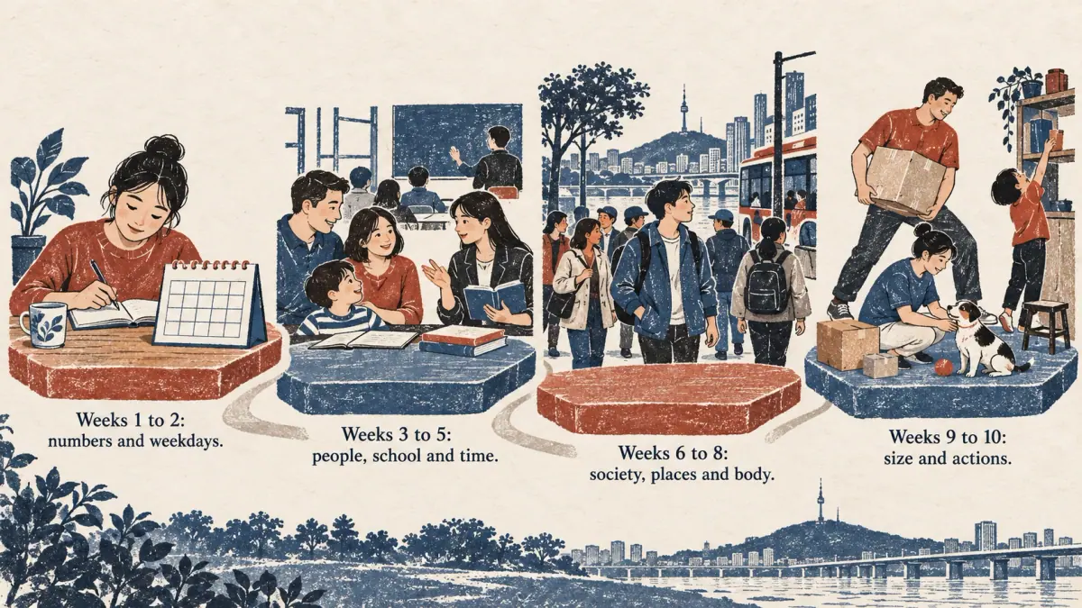 Four scenes map the ten-week study sequence from numbers and weekdays to size and actions.