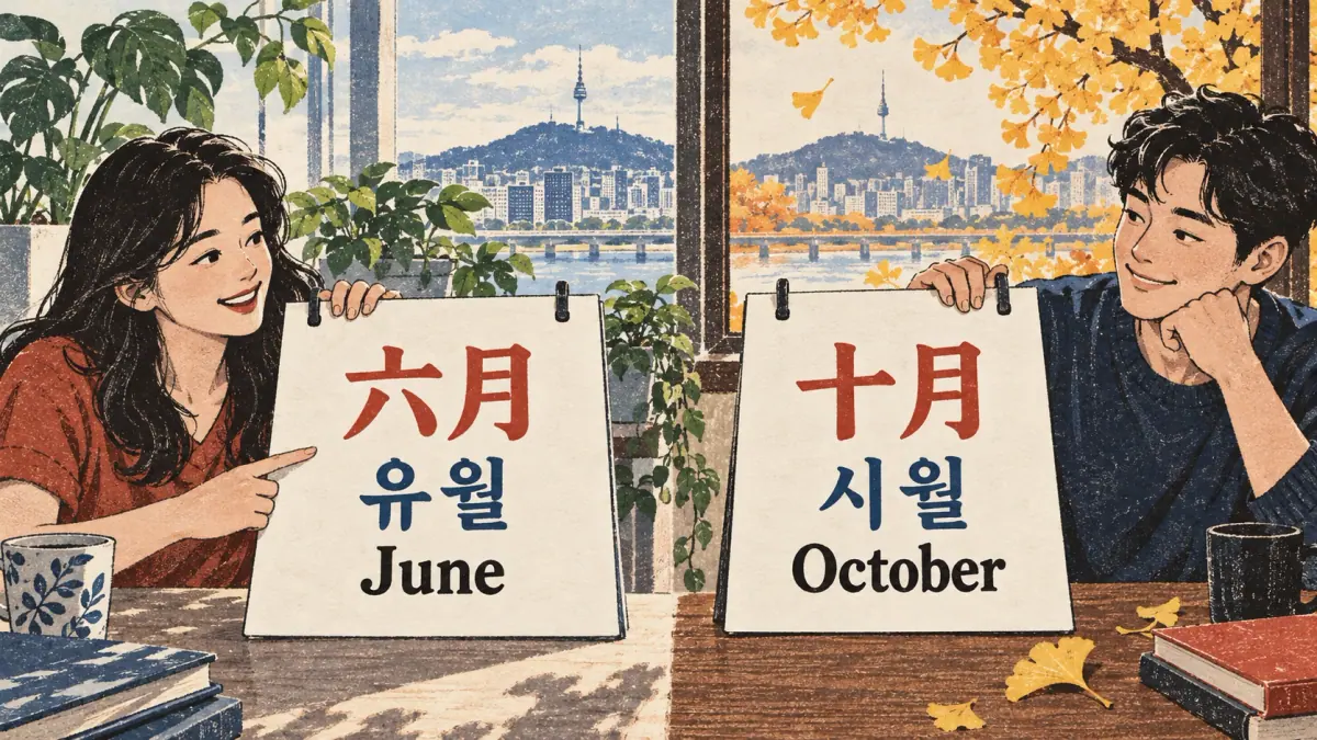 Two illustrated calendars show 六月 유월, June, and 十月 시월, October, with summer plants and autumn leaves.