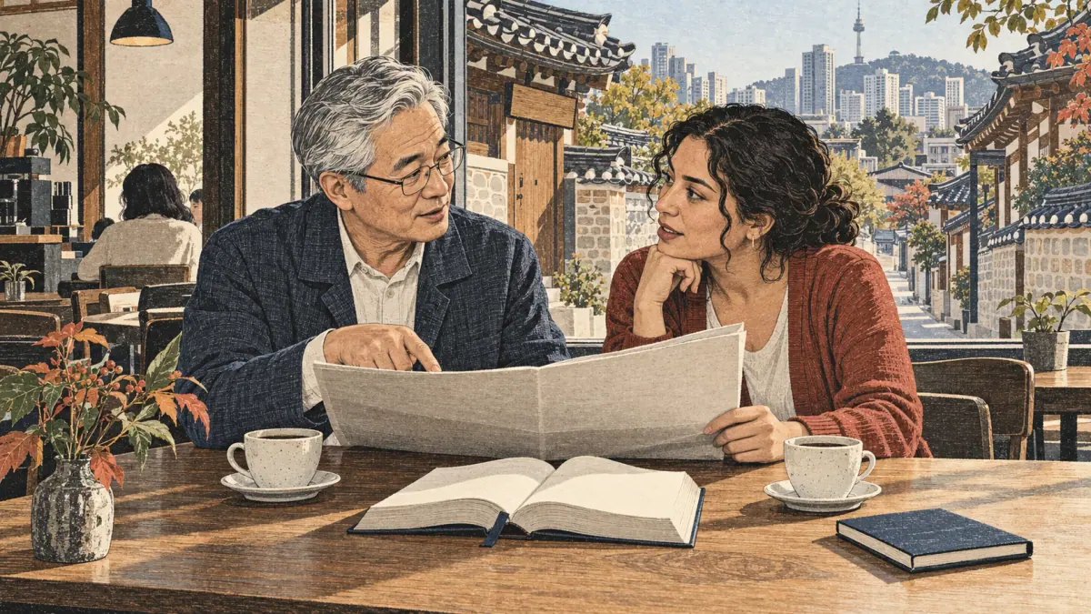 Two adults discuss a newspaper and dictionary in a contemporary Seoul café near a hanok street.