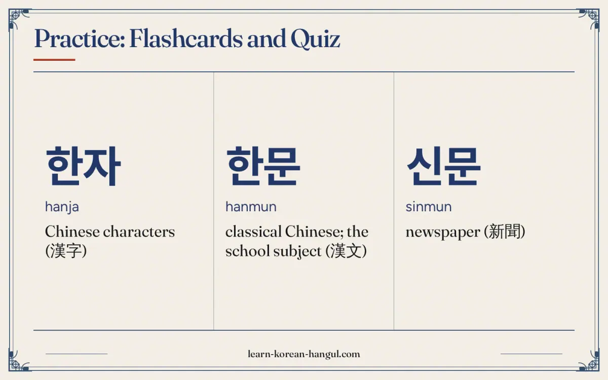 한자 · hanja · Chinese characters (漢字) · Practice: flashcards and quiz