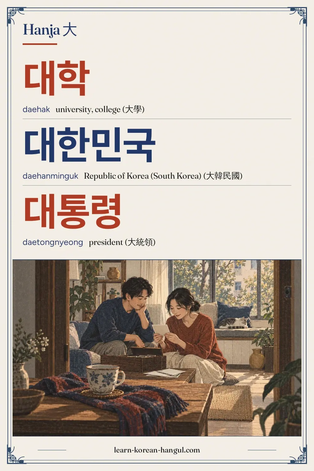 대학 · daehak · university, college (大學) · Hanja 大