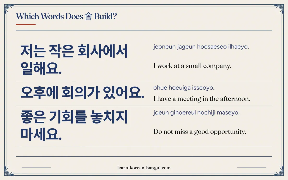 저는 작은 회사에서 일해요. · jeoneun jageun hoesaeseo ilhaeyo. · I work at a small company. · Which words does 會 build?
