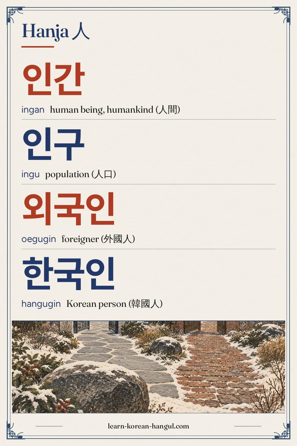 인간 · ingan · human being, humankind (人間) · Hanja 人