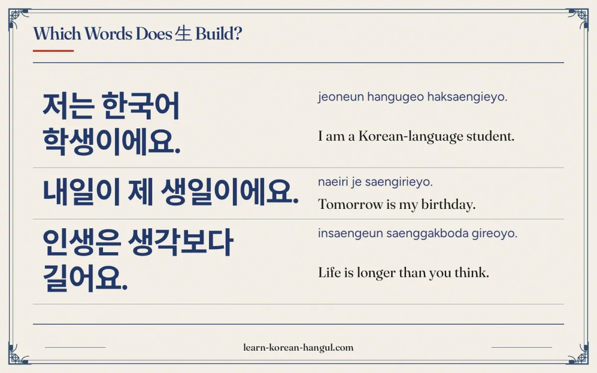 저는 한국어 학생이에요. · jeoneun hangugeo haksaengieyo. · I am a Korean-language student. · Which words does 生 build?