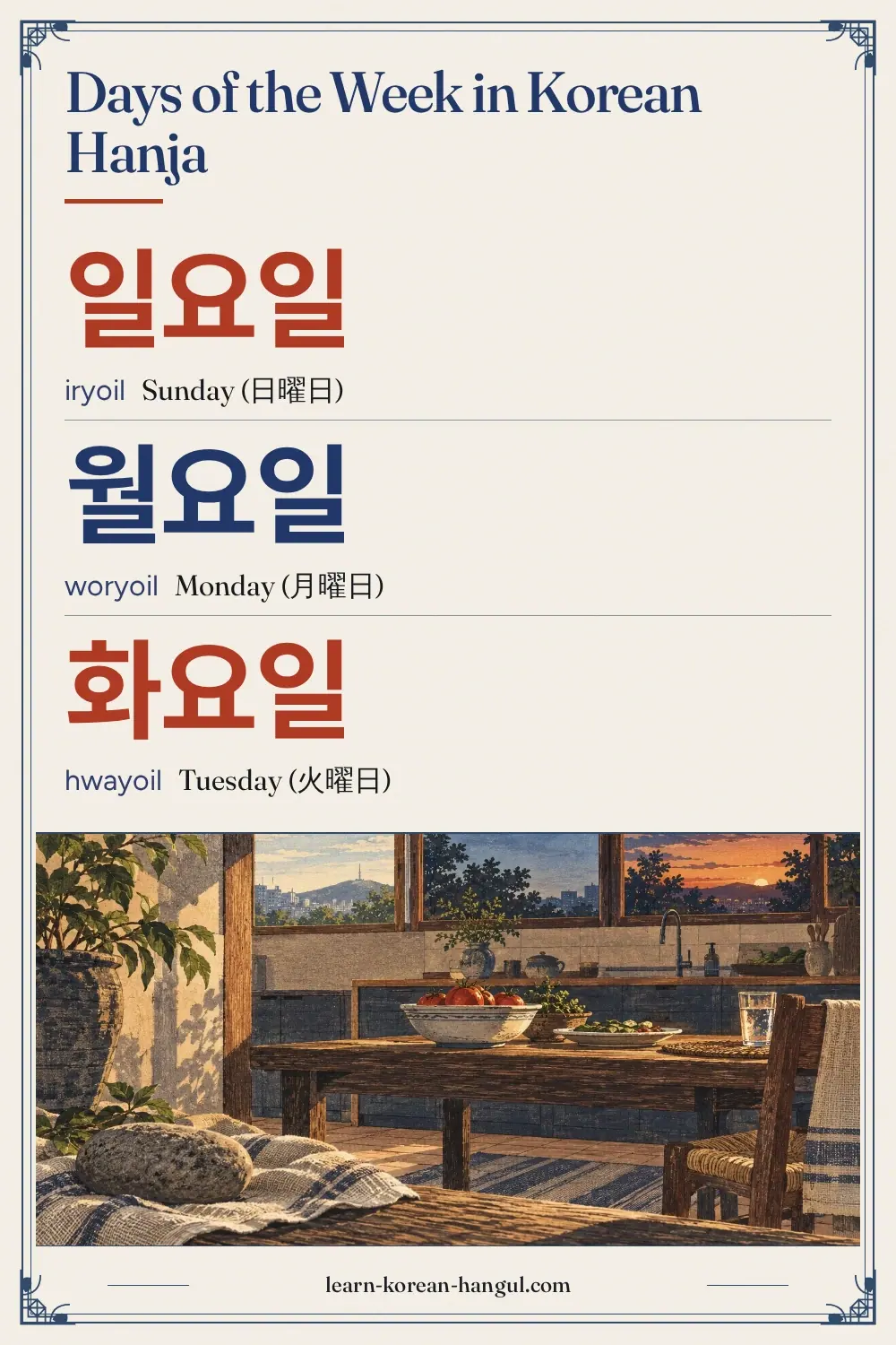 일요일 · iryoil · Sunday (日曜日) · Days of the Week in Korean Hanja