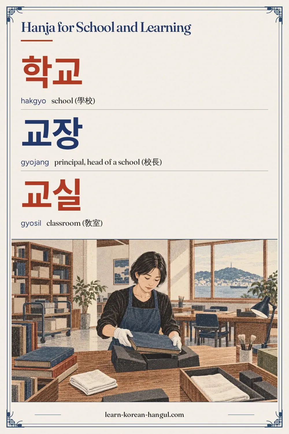 학교 · hakgyo · school (學校) · Hanja for school and learning