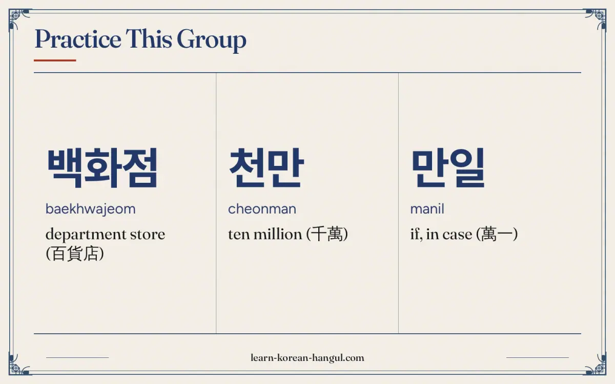 백화점 · baekhwajeom · department store (百貨店) · Practice this group