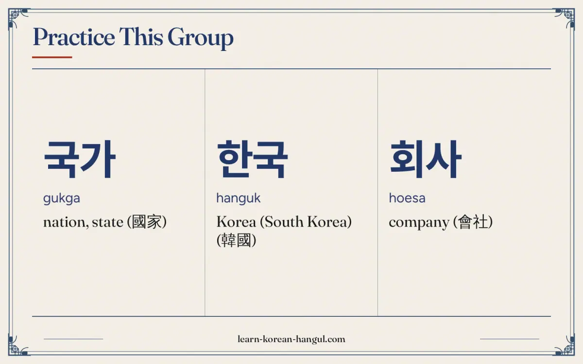 국가 · gukga · nation, state (國家) · Practice this group