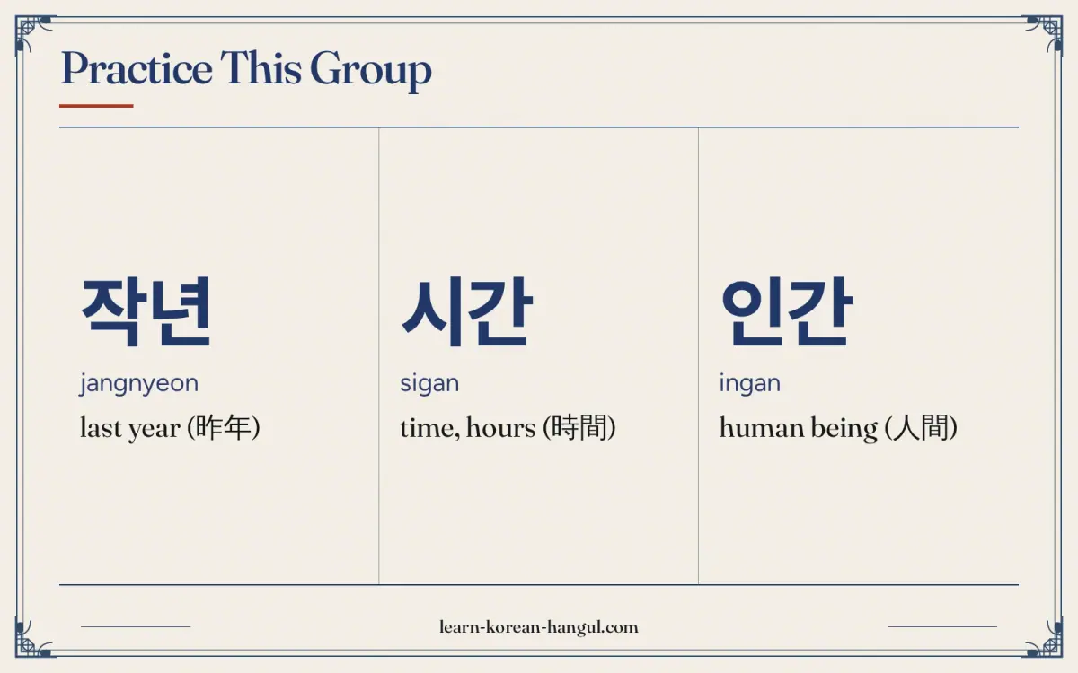 작년 · jangnyeon · last year (昨年) · Practice this group