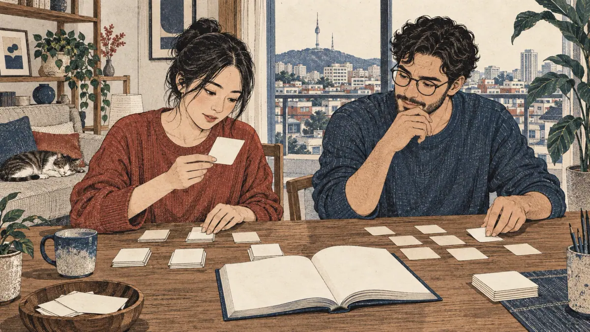 Adult learners group blank study cards beside a dictionary in a Seoul apartment.