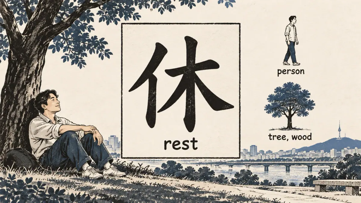 休 with person, tree and rest labels beside an adult resting under a tree.