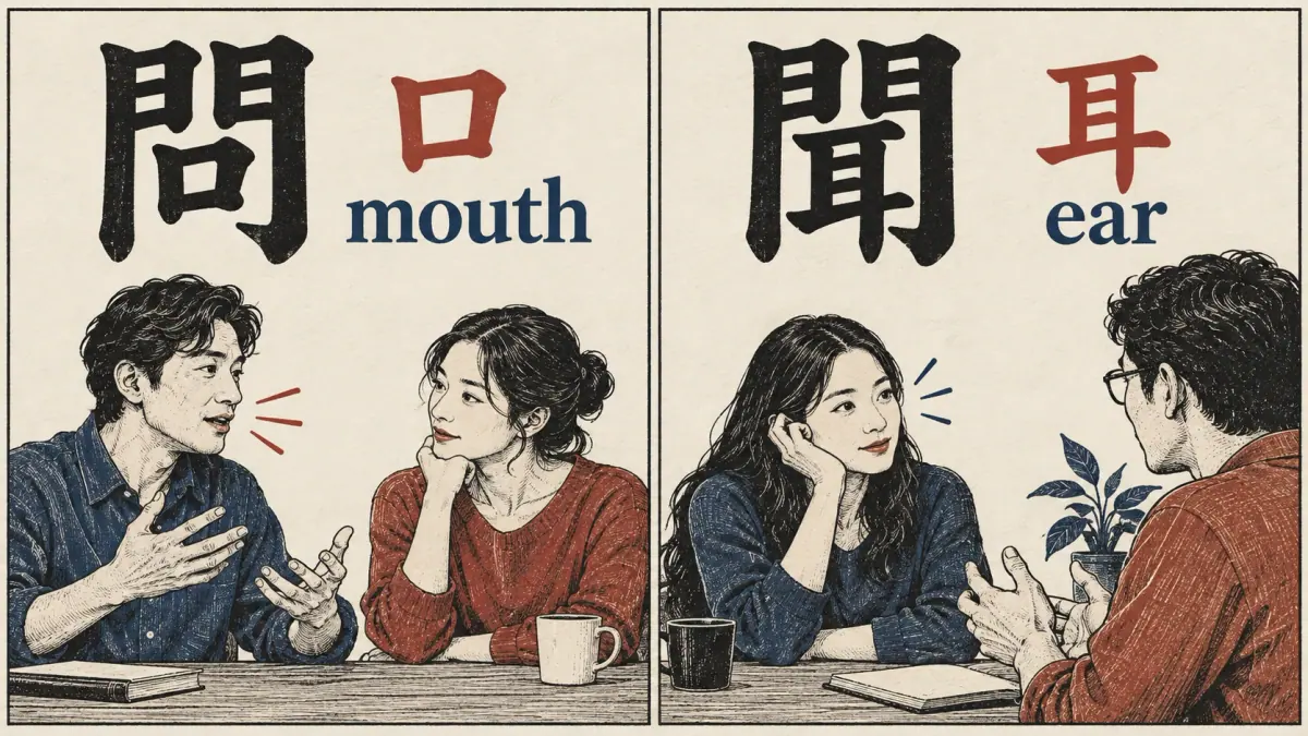 問 and 口 mouth compared with 聞 and 耳 ear, with speaking and listening adults.