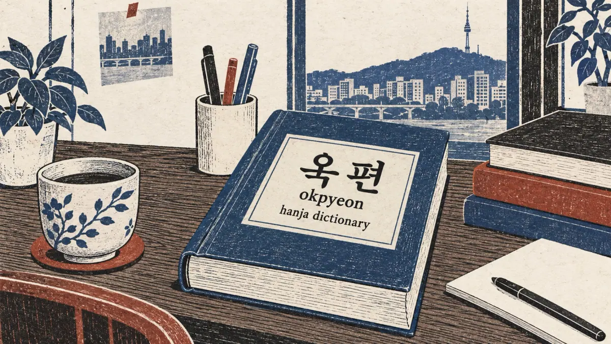 A Korean dictionary labelled 옥편 (okpyeon), hanja dictionary, on a study desk.