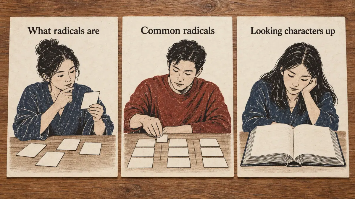 Three learning paths: understanding radicals, common radicals and dictionary lookup.