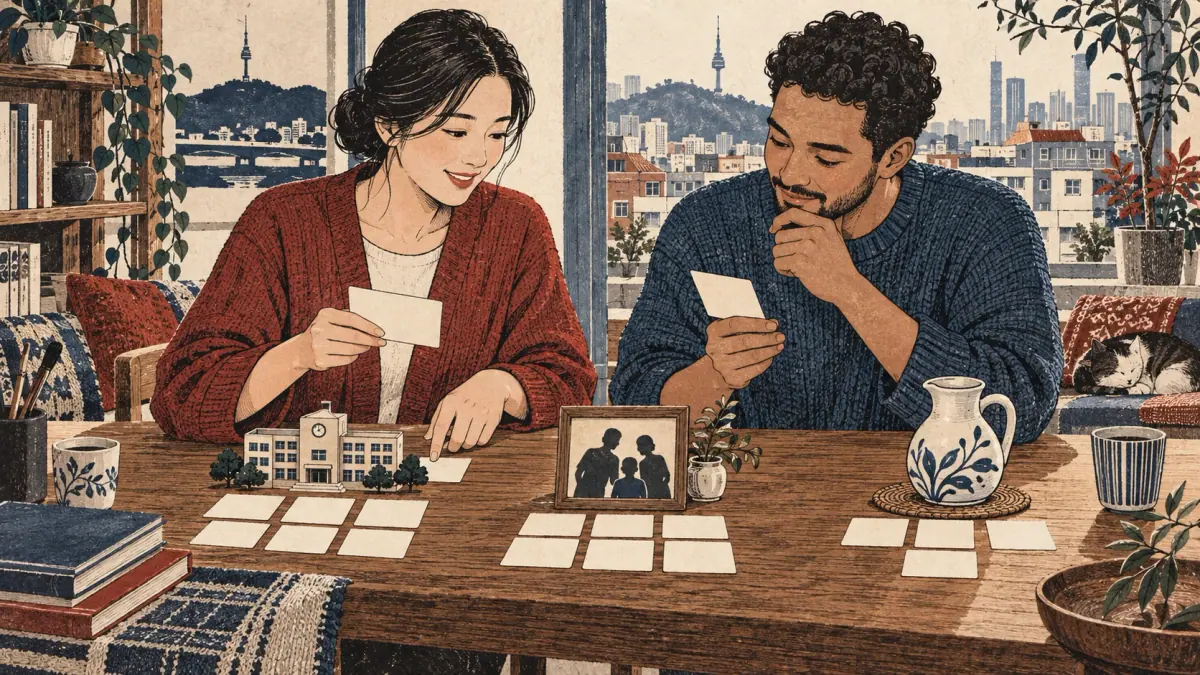 A tutor and adult learner group blank study cards at a wooden table in a Seoul apartment.