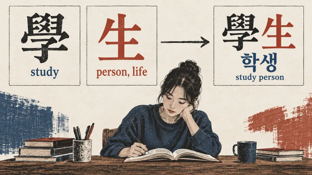 學 and 生 combine into 學生, 학생, literally study person, above a learner reading.