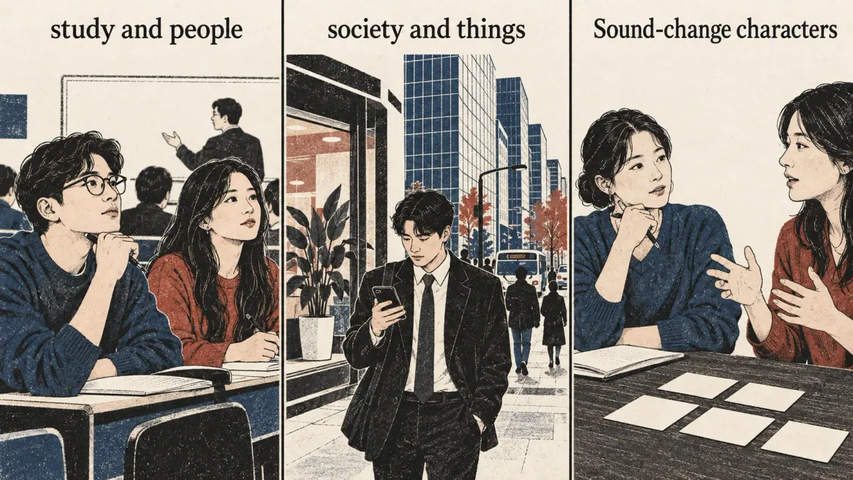 Three illustrated groups: study and people, society and things, and sound-change characters.