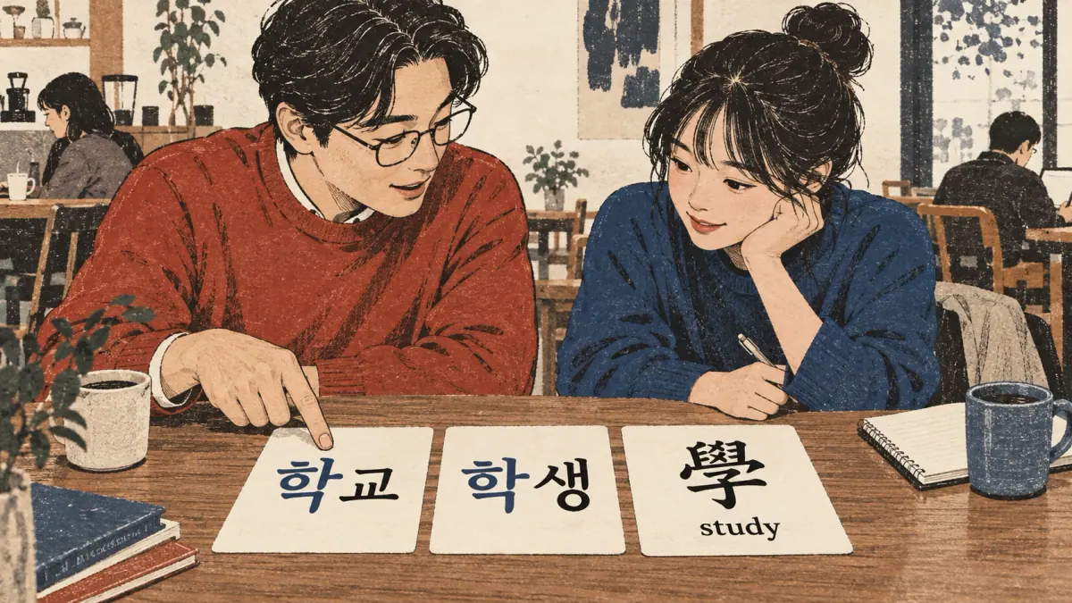 A tutor highlights 학 in 학교 and 학생 beside 學, study.