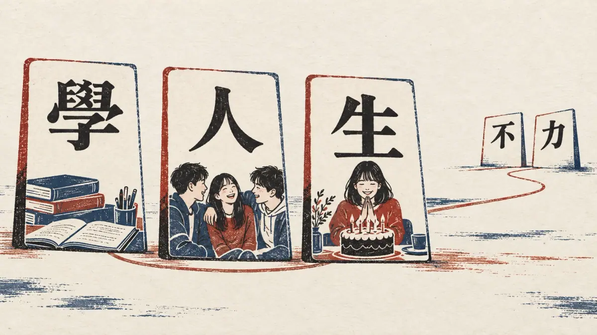 Study cards show 學, 人 and 生 first, followed by 不 and 力 farther away.