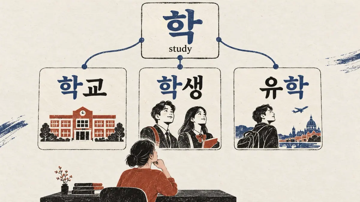학, study, connects 학교, 학생 and 유학 to help recognise the shared syllable.