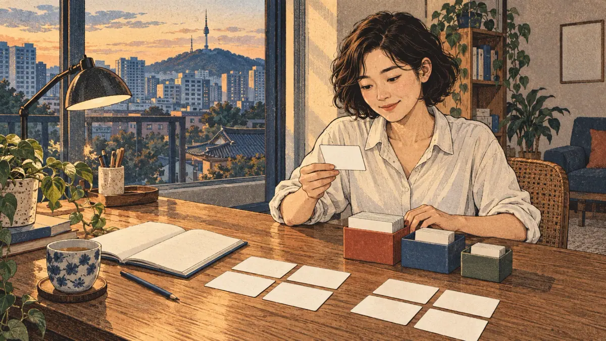 An adult learner sorts paper flashcards into review boxes at a Seoul apartment desk.