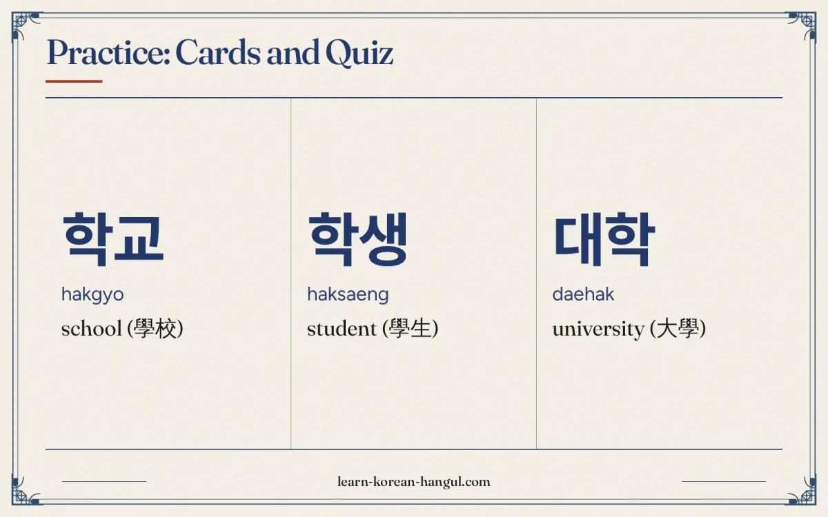 학교 · hakgyo · school (學校) · Practice: cards and quiz