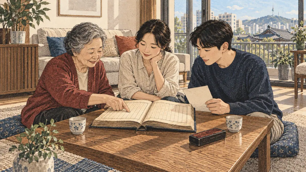 A Korean grandmother explains a family genealogy book to two adult relatives in a modern living room.