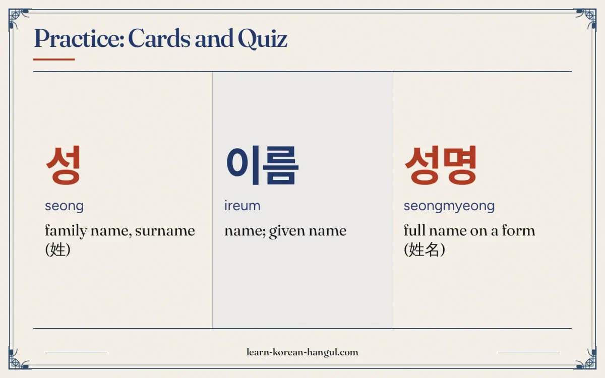성 · seong · family name, surname (姓) · Practice: cards and quiz