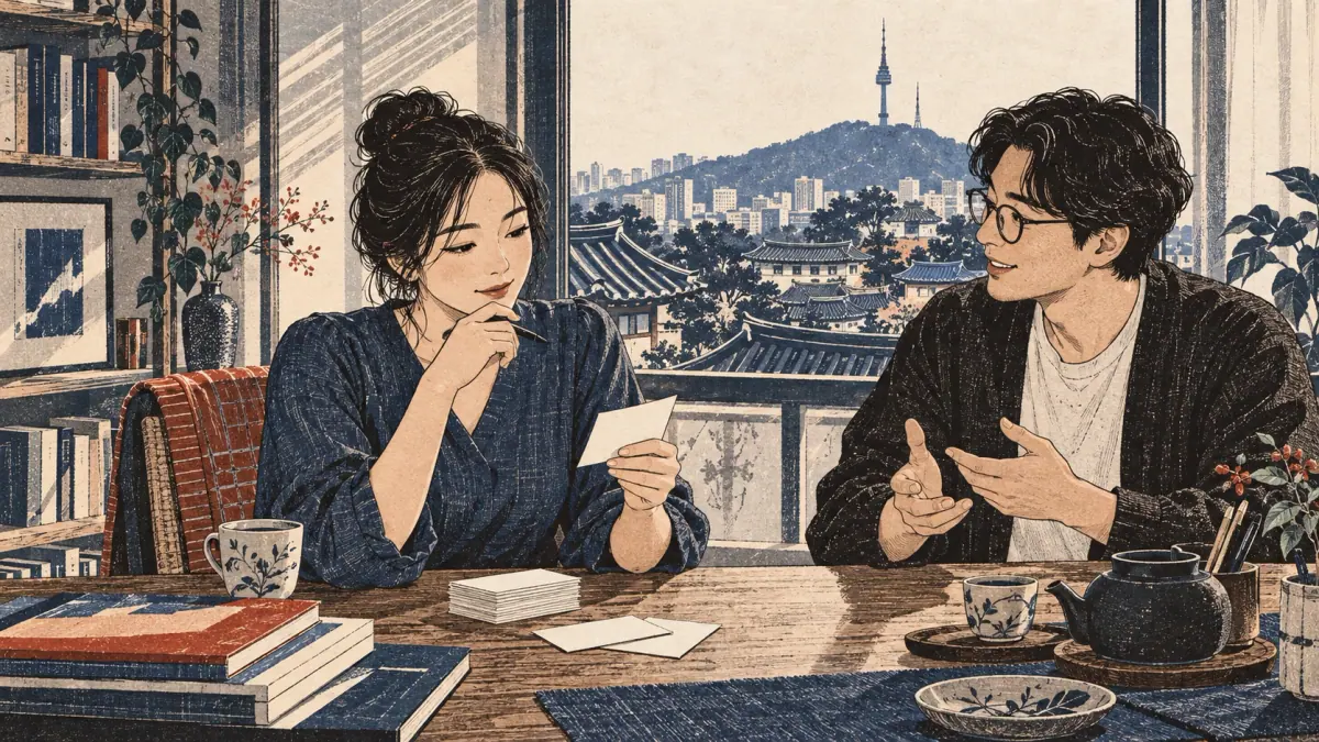 Adults consider a small vocabulary-study card stack at a Seoul apartment desk.