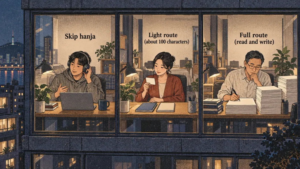 Three desks compare skipping hanja, light recognition study and full reading and writing.