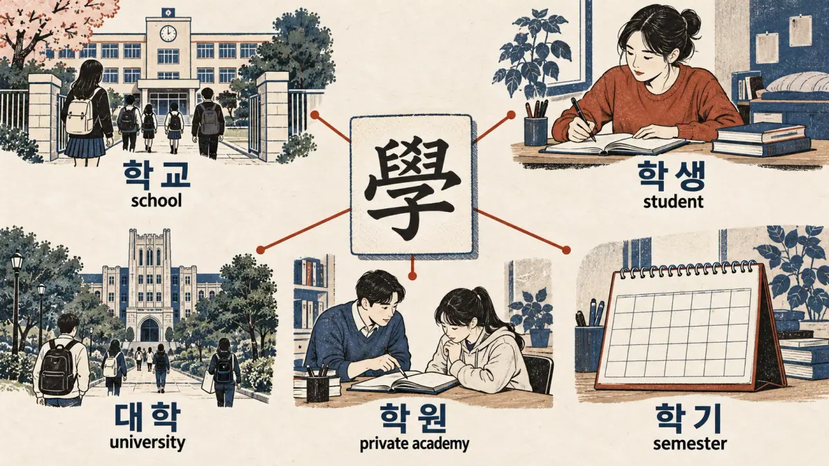 學 links 학교 school, 학생 student, 대학 university, 학원 academy and 학기 semester in five illustrated scenes.