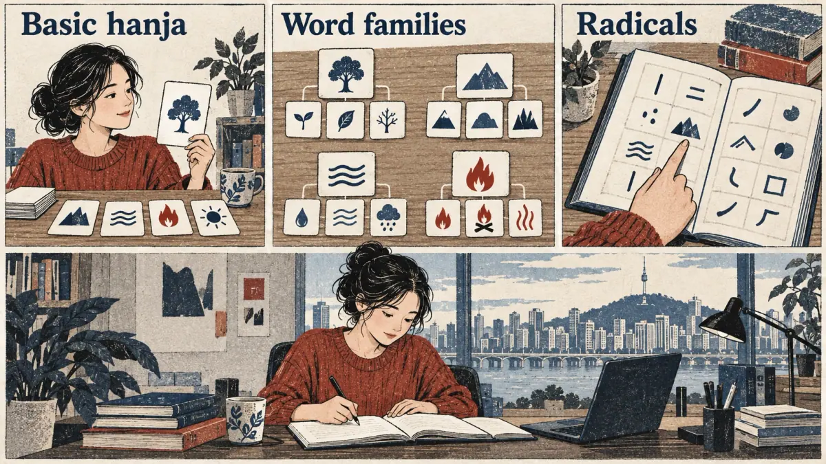 Three illustrated study stages: Basic hanja, Word families and Radicals, above a researcher reading.