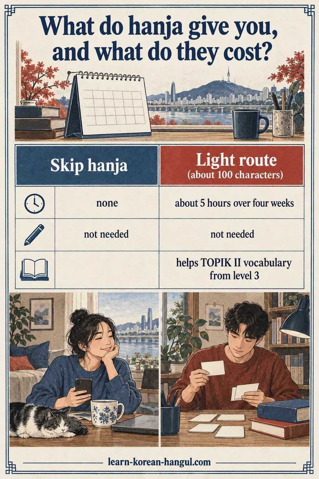 Two study routes compare time, handwriting and TOPIK vocabulary benefits above learners in Seoul.