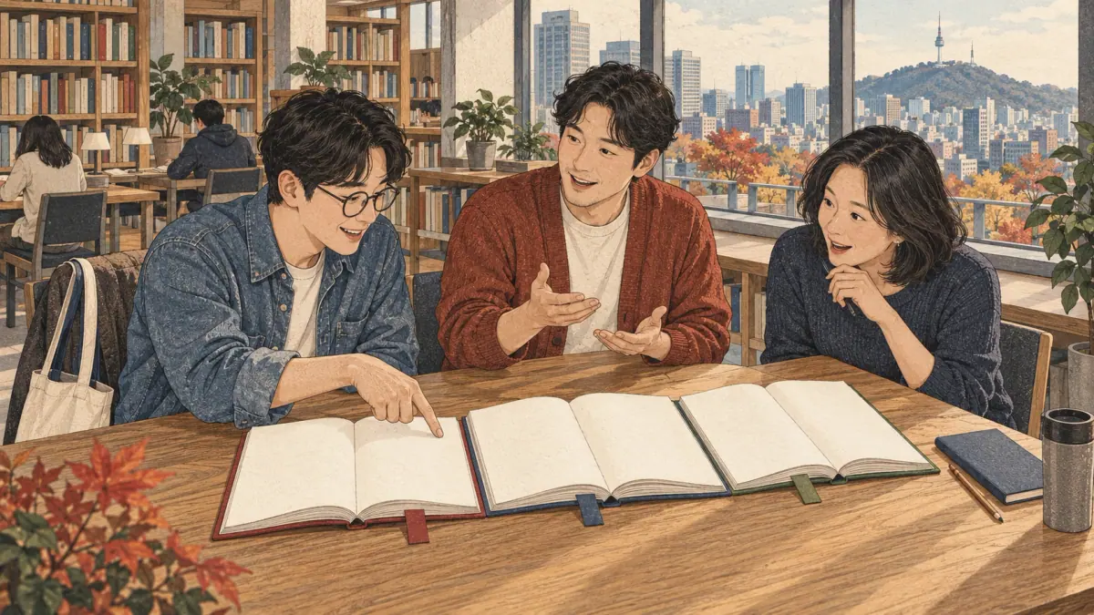 Three adult language partners compare study books at a Seoul library table.