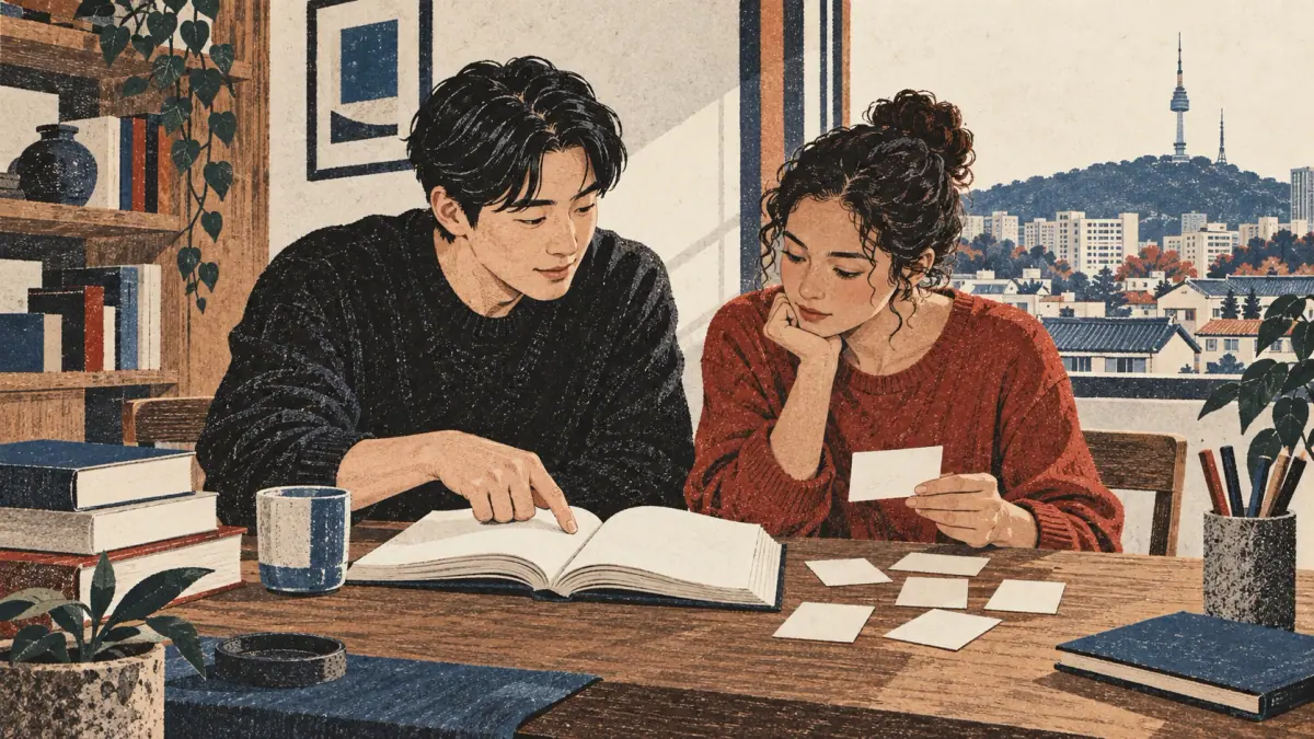A Korean tutor and adult learner study a dictionary at a Seoul apartment table.