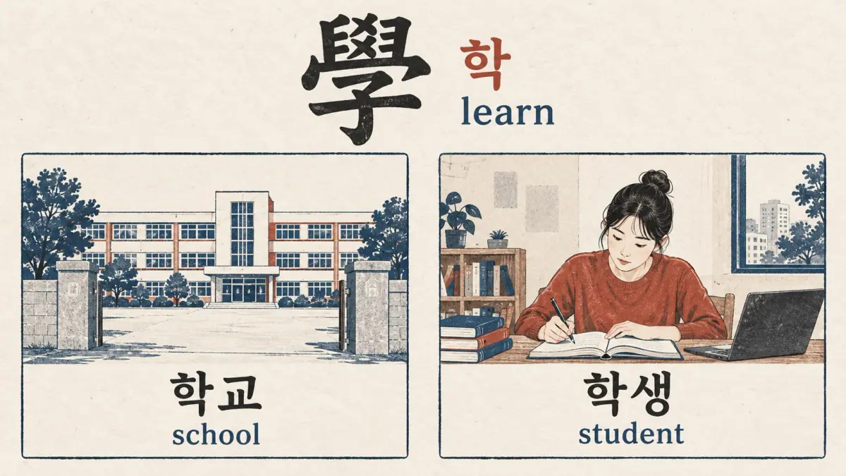 學, 학, 학교 and 학생 connect learning with a school and student.