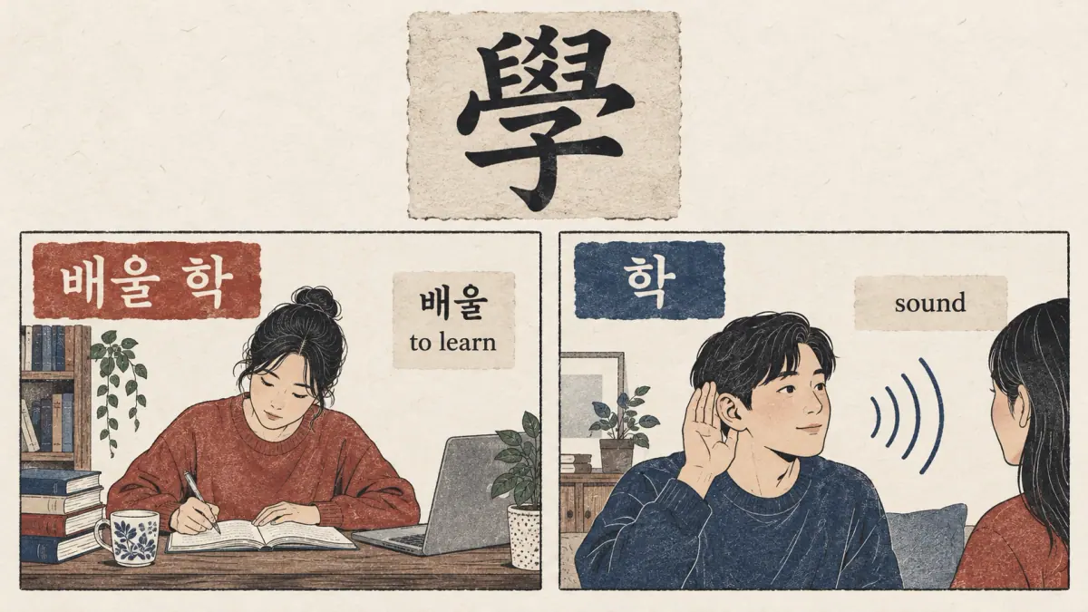 學 and 배울 학 show the meaning 배울, to learn, and the sound 학.
