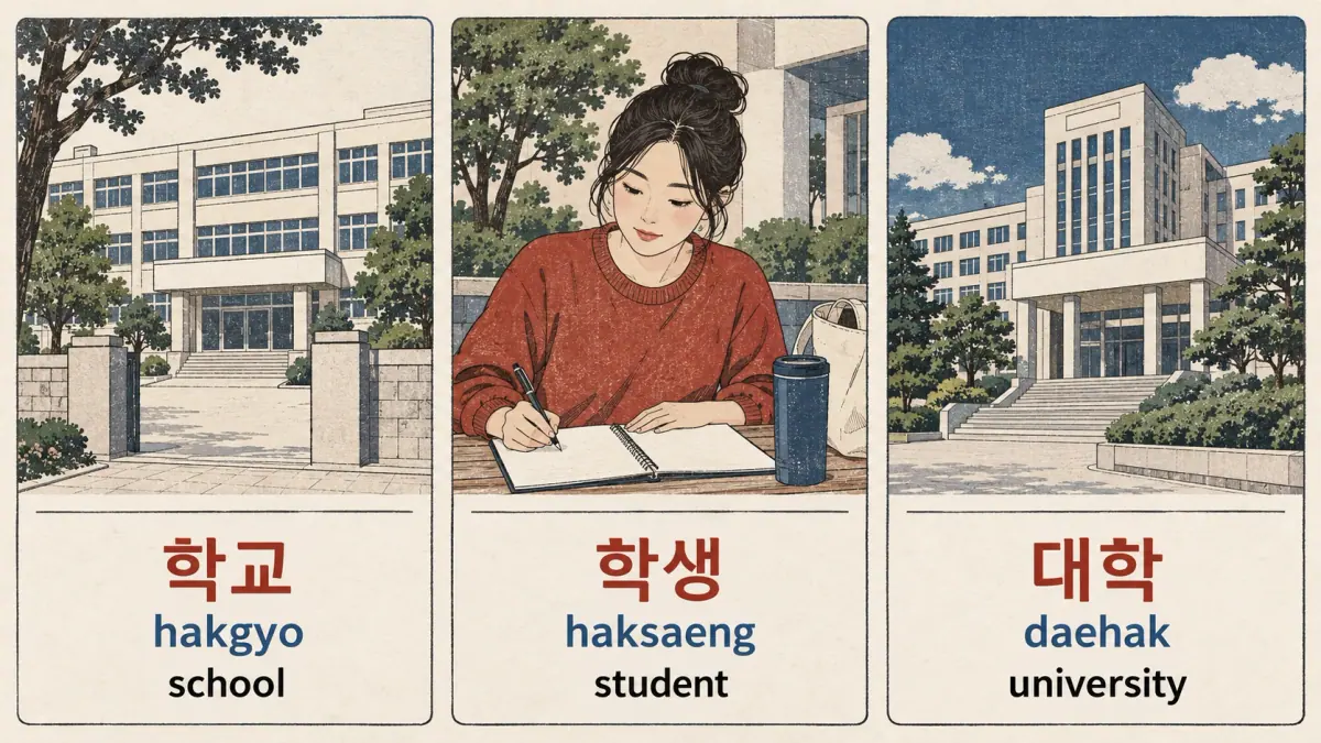 학교 (hakgyo), 학생 (haksaeng) and 대학 (daehak) show related learning words.