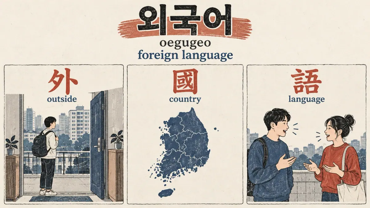 외국어 (oegugeo), foreign language, is explained through 外 outside, 國 country and 語 language.